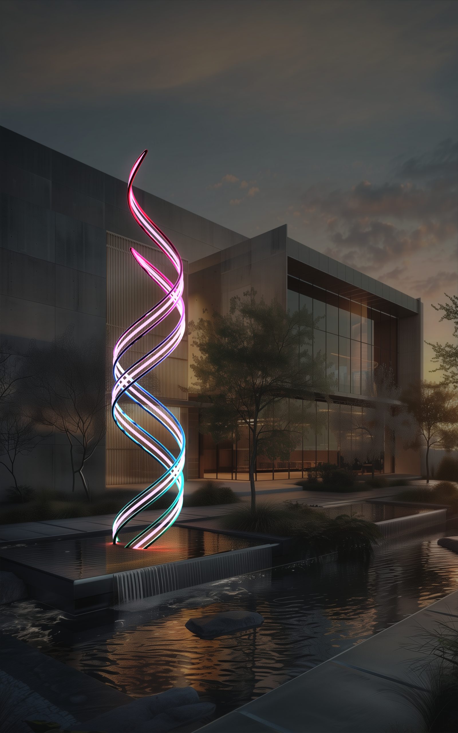 Detail of integrated lighting in modern helix sculpture